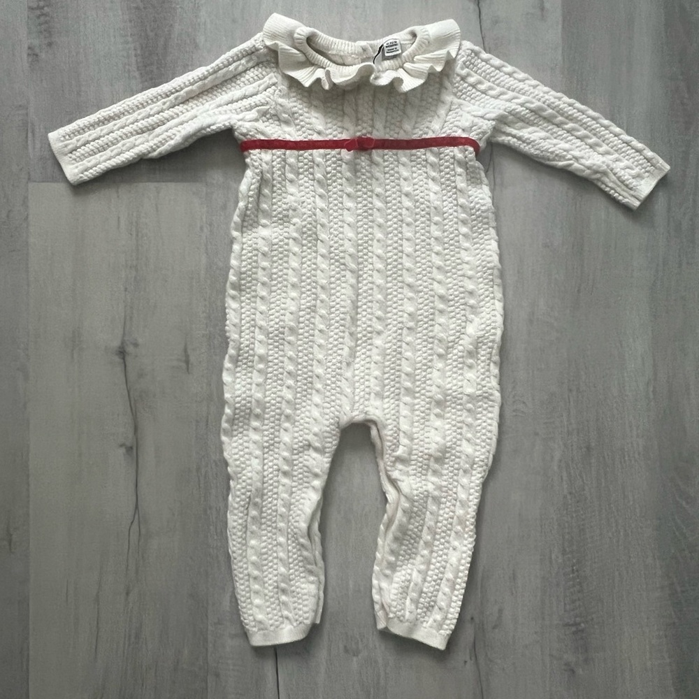 Janie and Jack Cream Cable-Knit Ruffle Collar One-Piece with Red Trim